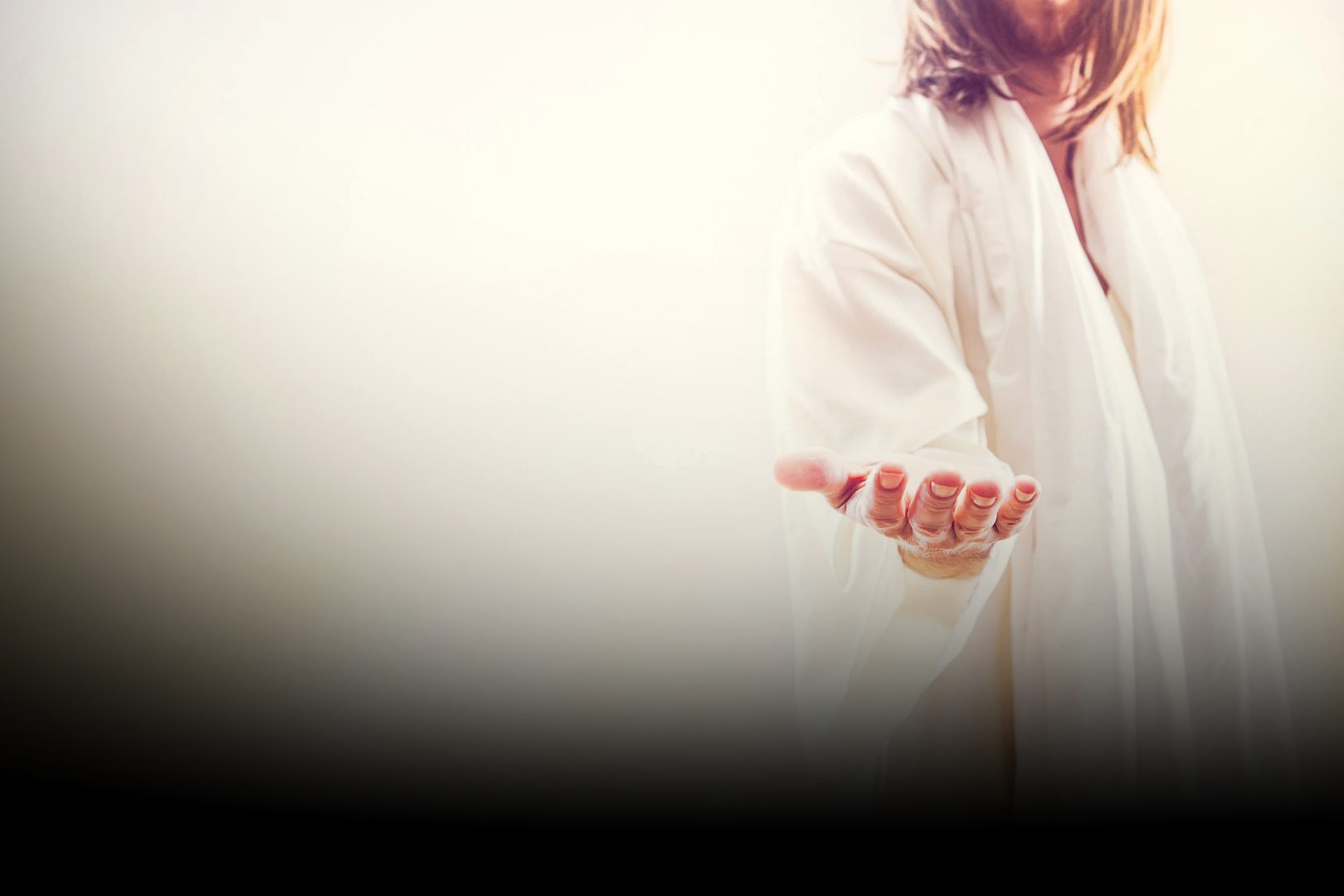 Jesus Christ in white robes, extending his hand